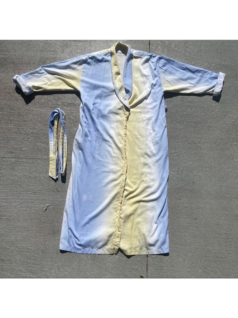 Vintage Feraud Paris Robe Pastel Blue Yellow Belted Lounge Luxury Sleepwear
